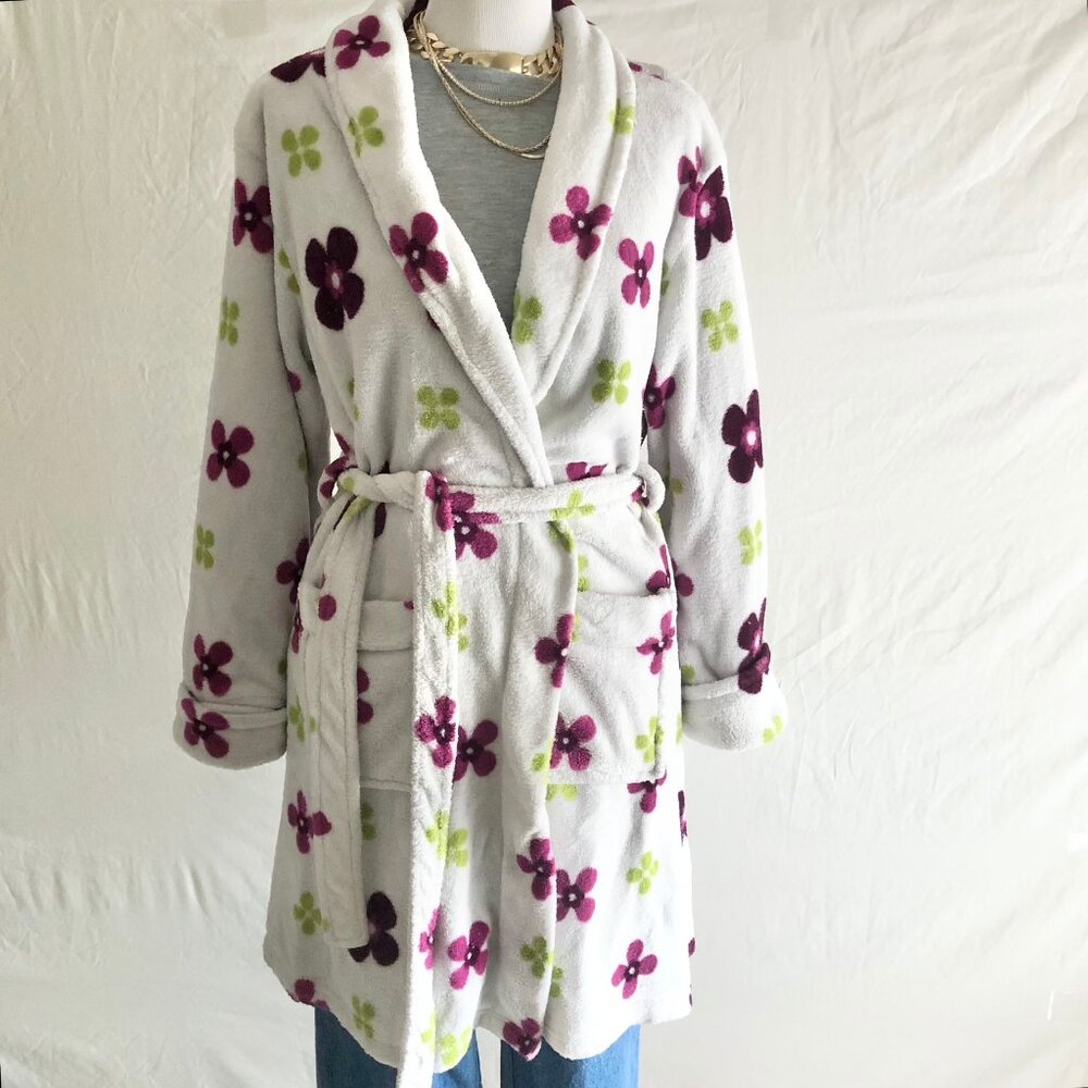 Floral Fleece Cozy Robe White Multicolor